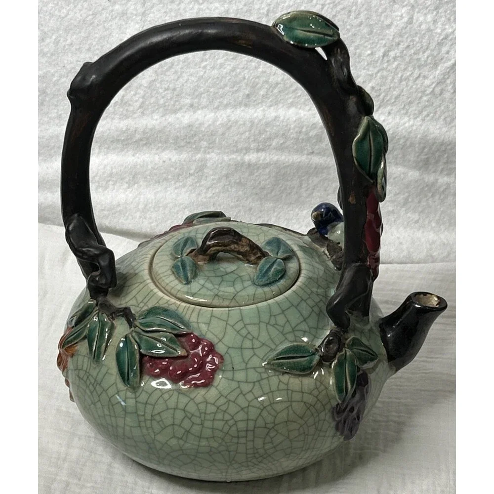 EXCEPTIONAL POTTERY TEAPOT WITH BIRD, FLOWERS & VINES~12